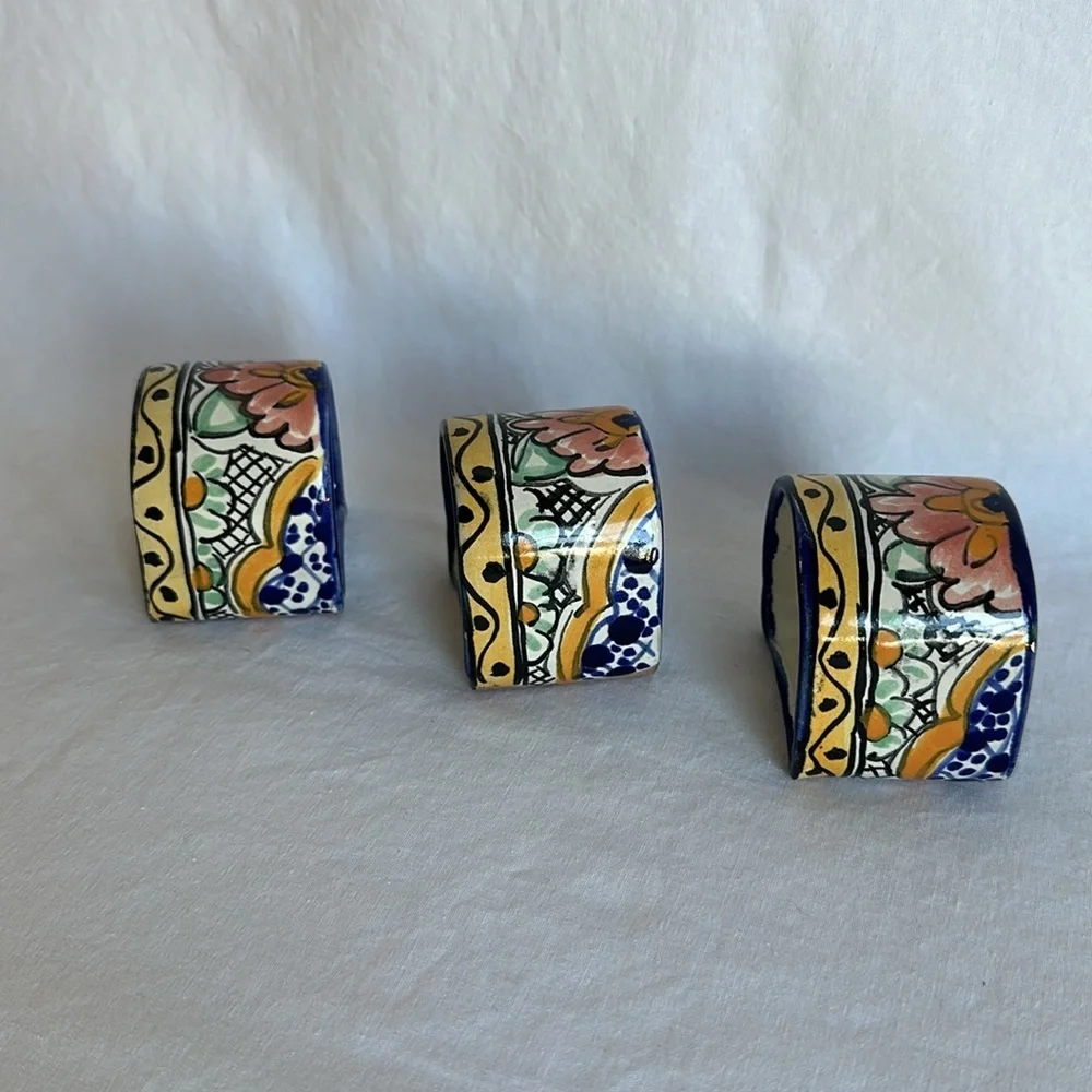 Set of three Mexico Talavera floral napkins holders
